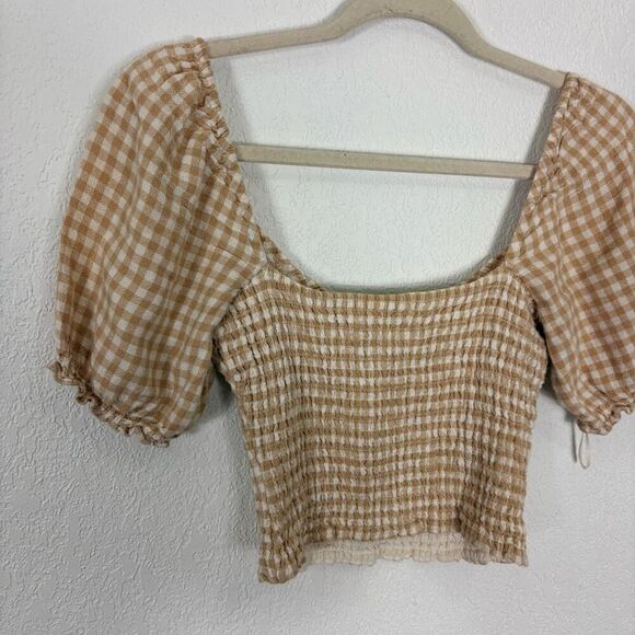 Abercrombie & Fitch Smocked Top Tan & White Gingham Print Short Sleeve Going Out - Picture 7 of 9